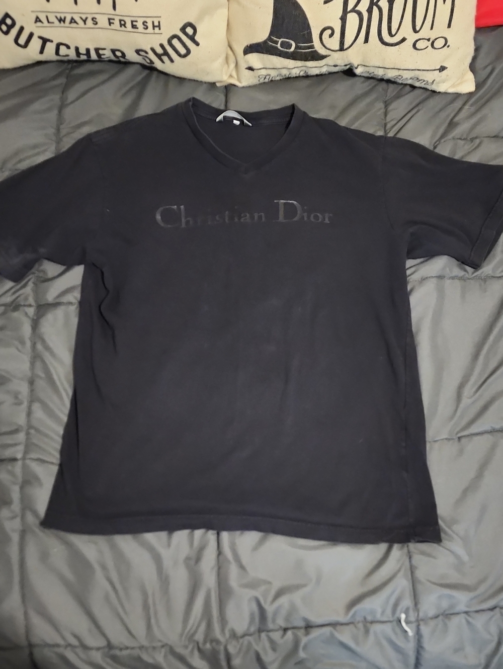 Authentic Christian Dior Black Short-Sleeve V-Neck Logo Tee Size Medium - Clean!